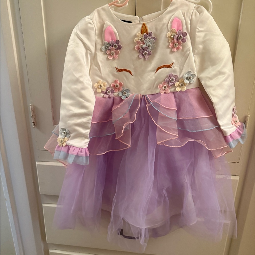 Girls Lavender Unicorn Tulle Costume Dress with Floral Accents